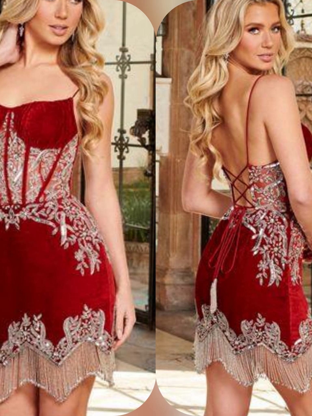 Rachel Allan Red Velvet Backless Embellished Mini Dress